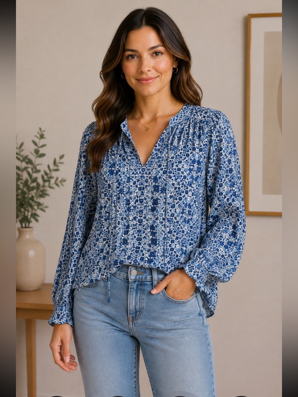 Blue Floral Long-Sleeve Peasant Blouse - Unknown Brand